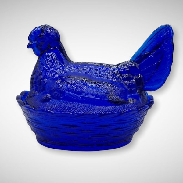 Cobalt Blue Depression Style Glass Nesting Chicken Hen Nest Candy Dish with Lid - Vintage, Farmhouse, Cookie Jar, Rooster, Retro Home Decor