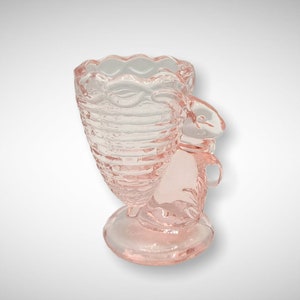 Pink Glass Bunny Rabbit with Basket Toothpick Holder Cup - Depression Style, Vintage, Kitchenware Trinket Cup, Miniature Bowl, Art Deco Vase