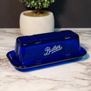 Cobalt Blue Depression Style Glass Covered Butter Dish - Vintage, Farmhouse, Butter Keeper, Retro Home Decor, Kitchenware, Refrigerator Dish