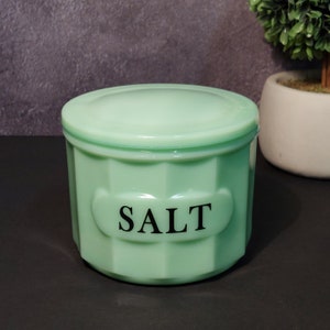 Jadeite Green Depression Style Glass Salt Bowl Crock Container - Vintage, Farmhouse, Retro Home Decor, Covered Dish, Kitchenware, Milk Glass
