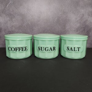 Set of 3 Jadeite Green Depression Style Glass Sugar Bowl, Coffee, & Salt Crock Container - Vintage Farmhouse, Retro Home Decor, Covered Dish