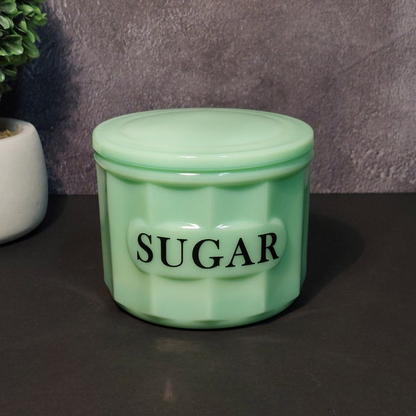 Jadeite Green Depression Style Glass Sugar Bowl Crock Container - Vintage, Farmhouse, Retro Home Decor, Covered Dish, Milk Glass Kitchenware