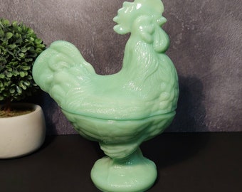 Jadeite Depression Style Glass Rooster Chicken Covered Candy Dish with Lid - Vintage, Farmhouse, Cookie Jar, Retro Home Decor, Jade Green