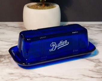 Cobalt Blue Depression Style Glass Covered Butter Dish - Vintage, Farmhouse, Butter Keeper, Retro Home Decor, Kitchenware, Refrigerator Dish