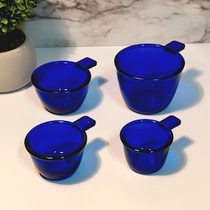 Cobalt Blue Glass 4 Piece Nesting Measuring Cup Set w/ Markers - Depression Style, Vintage Glassware, Art Deco, Kitchenware, Farmhouse, Dish