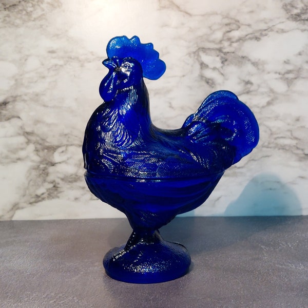 Cobalt Blue Depression Style Glass Rooster Chicken Covered Candy Dish with Lid - Vintage, Farmhouse, Cookie Jar, Retro Home Decor, Vase, Jar