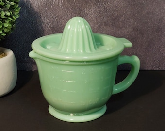 Jadeite Juicer Reamer & 2 Cup Measuring Cup, Huge 2 PC - Depression Style, Vintage, Art Deco, Farmhouse, Milk Glass, Cooking, Mixing Bowl