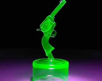 Green Vaseline Glass Uranium Glass Colt Revolver Pistol on Font, UV Glow - Retro Vintage Decor, Depression Style Glass, Gun, Ranch, Farm