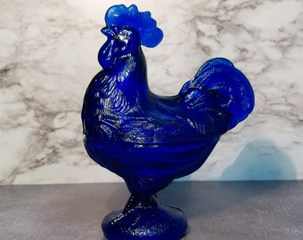Cobalt Blue Depression Style Glass Rooster Chicken Covered Candy Dish with Lid - Vintage, Farmhouse, Cookie Jar, Retro Home Decor, Vase, Jar