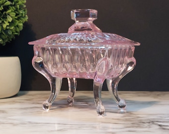 Pink Depression Style Glass Covered Piano Candy Dish w/ Lid - Vintage, Art Deco, Bowl, Vanity Trinket Box, Retro Decor, Container, Art Glass