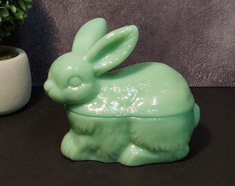 Jadeite Depression Style Glass Bunny Rabbit Covered Candy Dish with Lid - Vintage, Farmhouse, Cookie Jar, Retro Home Decor, Jade Green, Bowl