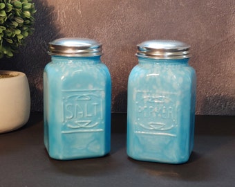 Blue Depression Style Milk Glass Salt and Pepper Shakers - Vintage, Farmhouse, Country Kitchen, Retro Home Decor, Cooking, Depressionware