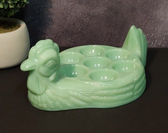 Jadeite Depression Style Glass Rooster Chicken Deviled Egg Plate Dish - Vintage, Hen on Nest, Bowl, Farmhouse, Retro Home Decor, Jade Green