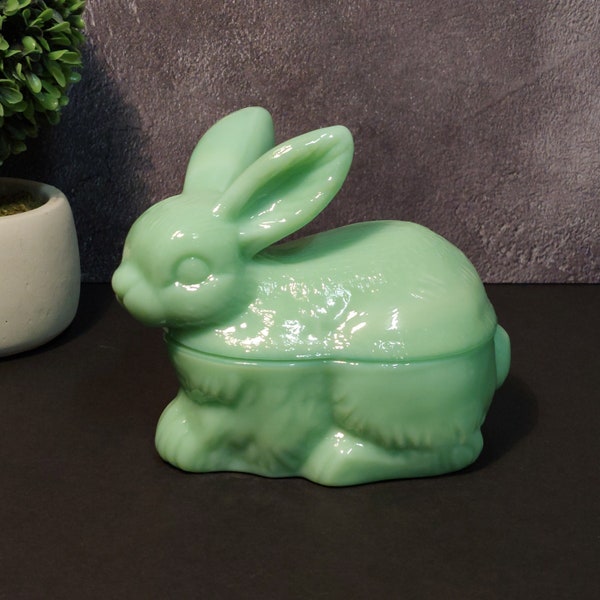 Jadeite Depression Style Glass Bunny Rabbit Covered Candy Dish with Lid - Vintage, Farmhouse, Cookie Jar, Retro Home Decor, Jade Green, Bowl