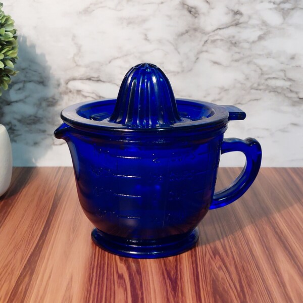 Cobalt Blue Juicer Reamer & 2 Cup Measuring Cup, Huge 2 PC - Depression Style, Vintage, Art Deco, Farmhouse, Cooking Tool, Kitchenware, Bowl