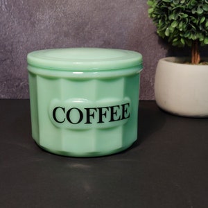 Jadeite Green Depression Style Glass Coffee Can Crock Container - Vintage, Farmhouse, Retro Home Decor, Covered Dish, Milk Glass Kitchenware