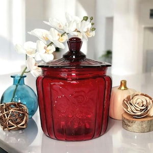 Vintage Ruby Red Amberina Depression Style Glass Mayfair Rose Biscuit / Cookie Jar - Candy Dish, Kitchenware, Retro Home Decor, Farmhouse