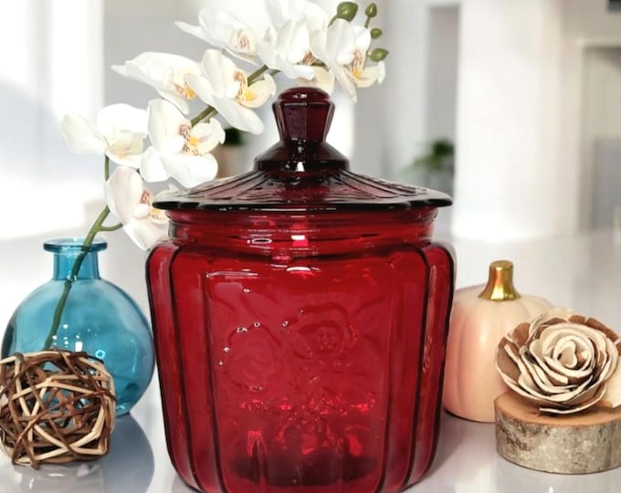 Ruby Red Amberina Depression Style Glass Mayfair Rose Biscuit / Cookie Jar - Candy Dish, Vintage Style Kitchenware, Retro Home Decor
