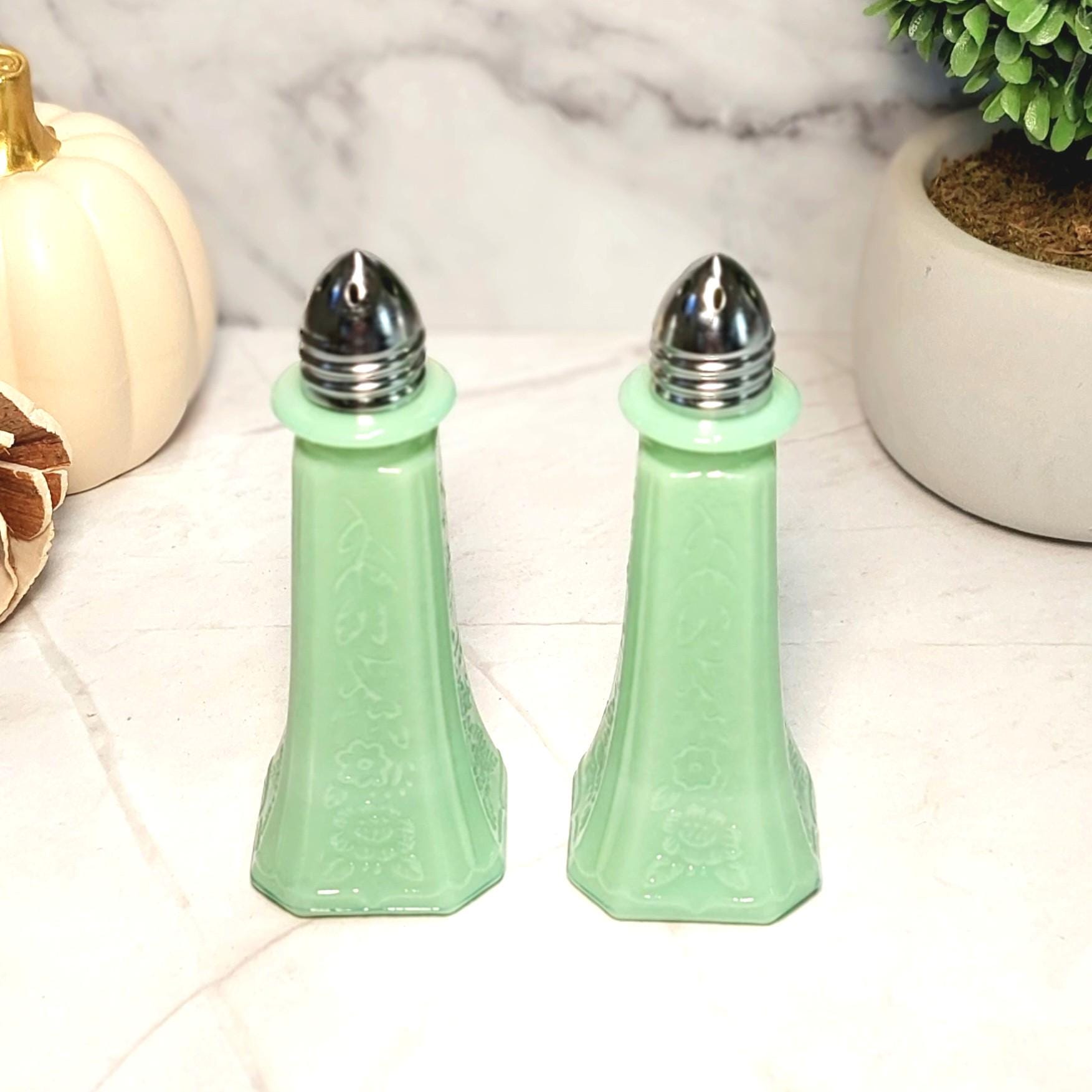 Jadeite Glass Salt & Pepper Shaker Set, Floral Eiffel Tower