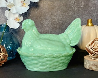 Jadeite Depression Style Glass Nesting Chicken Hen on Nest Candy Dish w/ Lid, Vintage Style Farmhouse, Cookie Jar, Rooster, Retro Home Decor