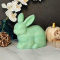 Jadeite Depression Style Glass Bunny Rabbit Covered Candy Dish with Lid, Vintage Style Farmhouse, Cookie Jar, Retro Home Decor, Green, Bowl