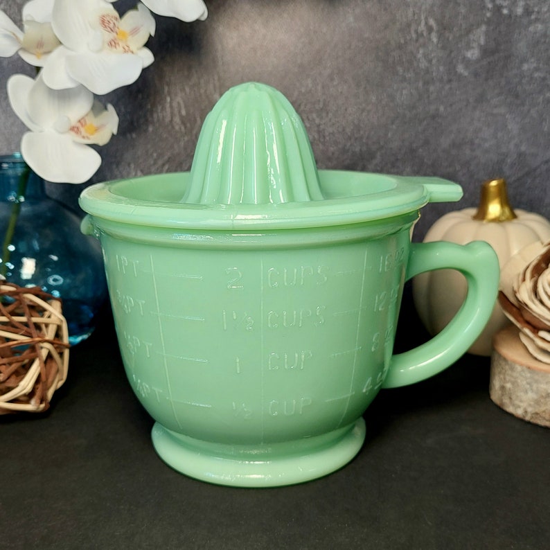 Jadeite Juicer Reamer & 2 Cup Measuring Cup, Huge 2 PC, Depression Style, Vintage Style Kitchen, Farmhouse, Milk Glass, Cooking, Mixing Bowl image 6