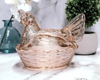 Pink Depression Style Glass Hen on Nest Chicken Covered Candy Dish, Vintage Style Farmhouse Decor, Bowl with Lid, Rooster, Farm, Retro