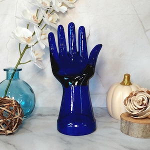 Cobalt Blue Depression Style Glass Hand Jewelry Ring Holder - Vintage, Art Deco, Farmhouse Decor, Vanity Display, Rings, Bracelets & Watches