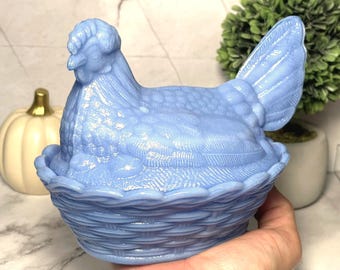 Periwinkle Blue Nesting Chicken Hen on Nest Covered Candy Dish, Depression Style Milk Glass, Vintage Style Farmhouse Decor, Retro Cookie Jar