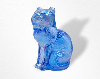 Blue Crystal Carnival Glass Mosser Glass Cat Kitten Figurine, Rare Color - Depression Style Glass, Farmhouse, Retro Home Decor, Art Glass