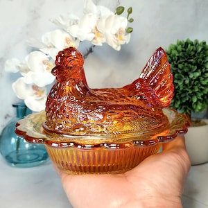 Carnival Glass Depression Style Chicken Hen on Nest Candy Dish, Marigold - Vintage Style, Farmhouse Kitchen Decor, Trinket Jewelry Dish