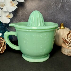 Jadeite Juicer Reamer & 2 Cup Measuring Cup, Huge 2 PC, Depression Style, Vintage Style Kitchen, Farmhouse, Milk Glass, Cooking, Mixing Bowl image 7