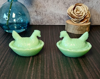 2 Jadeite Depression Style Glass Hen on Nest Chicken Salt Cellar Dip Dishes - Vintage Style Farmhouse Decor, Covered, Bowl with Lid, Farm