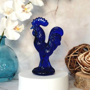 Cobalt Blue Depression Style Glass Rooster Chicken Figurine - Vintage Farmhouse Gift, Miniature, Rustic Western Decor, Hen, Farm & Ranch