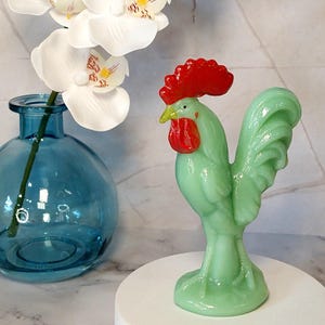 Green Jadeite Depression Style Glass Rooster Figurine - Vintage, Farmhouse, Miniature Statue, Retro Home Decor, Milk Glass Chicken, Farm Hen