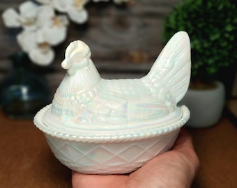 Pearl Carnival Glass Hen on Nest Chicken Candy Dish - Vintage Style, Farmhouse Kitchen Decor, Depression Style Milk Glass, Jewelry Box