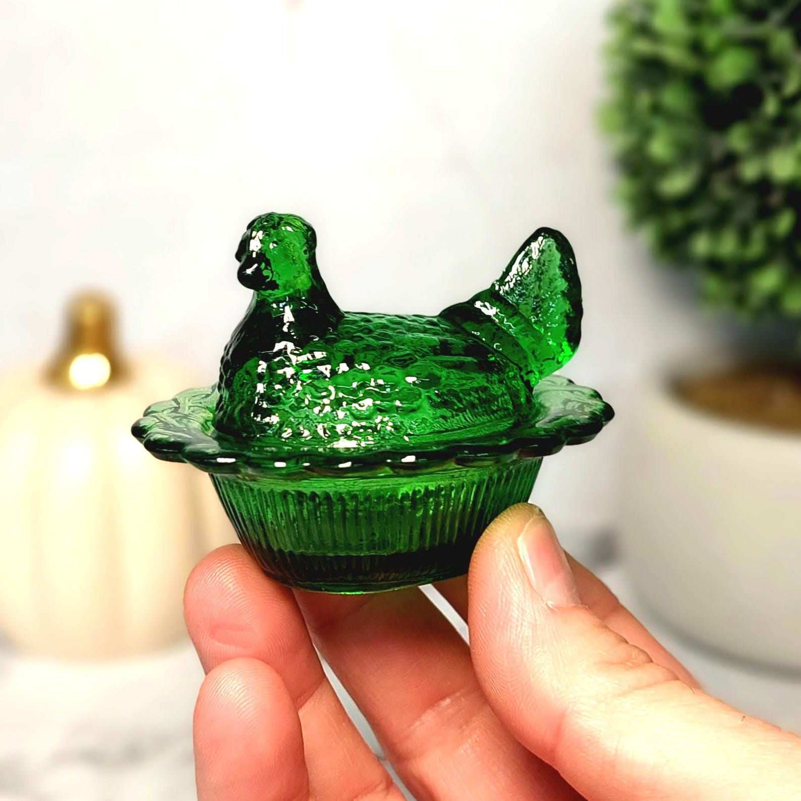 Green Glass Hen on Nest Salt Dish