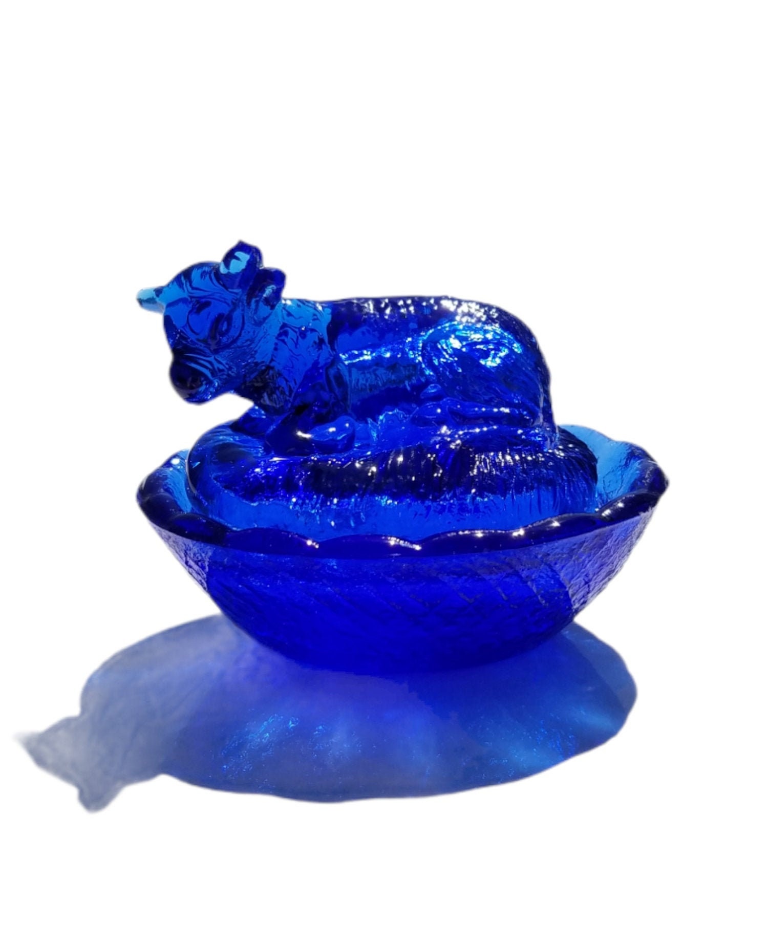 Cobalt Blue Glass Miniature Cow on Hay Basket Salt Cellar Dish - Salt…