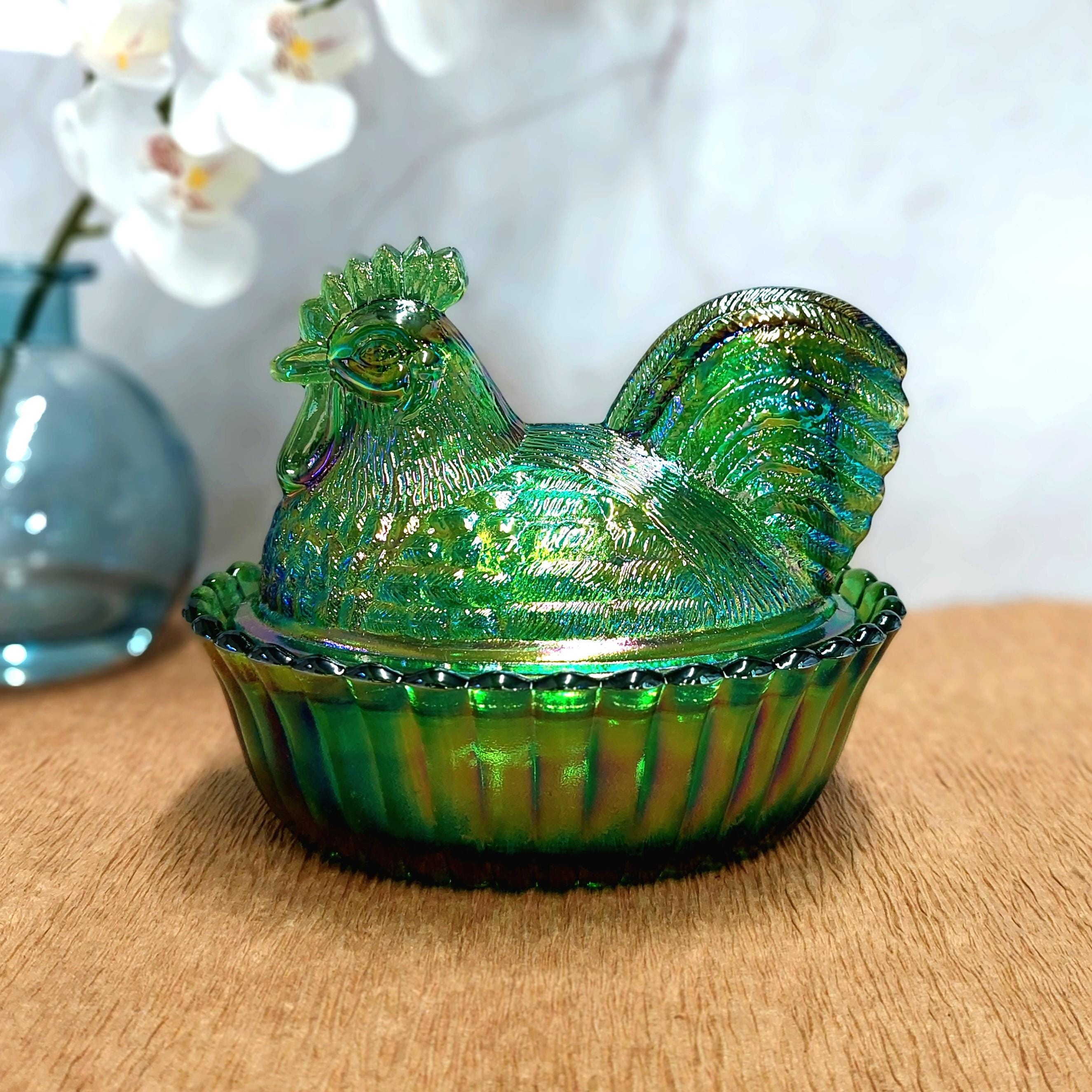 Green Carnival Glass Depression Style Rooster Chicken Candy Dish