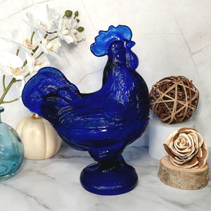 Cobalt Blue Depression Style Glass Rooster Chicken Covered Candy Dish with Lid, Vintage Style Farmhouse, Cookie Jar, Retro Home Decor, Vase