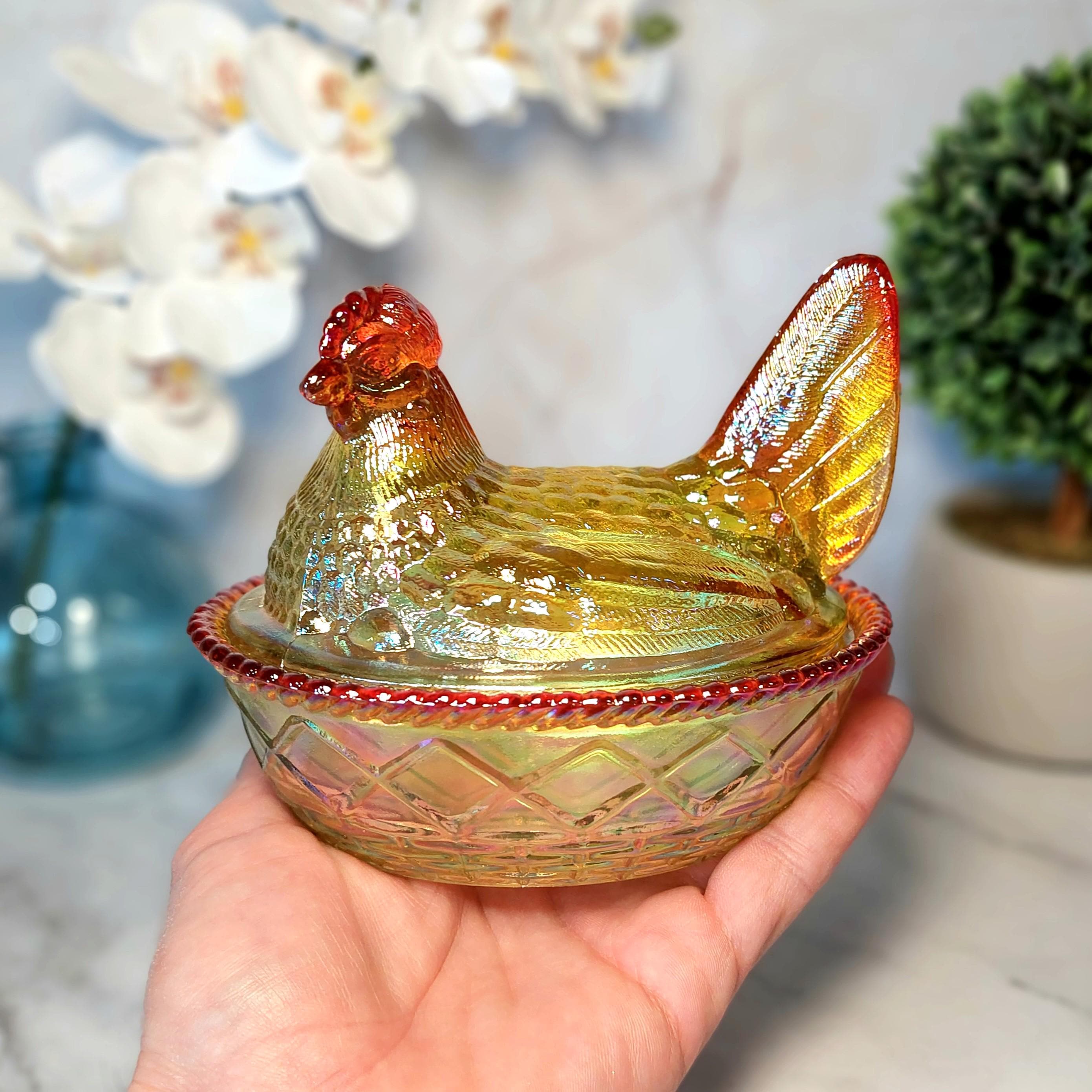 Marigold Carnival Glass Depression Style Chicken Hen on Nest Candy