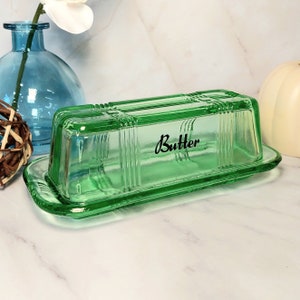 Green Depression Style Glass Covered Butter Dish - Vintage, Farmhouse, Butter Keeper, Retro Home Decor, Kitchenware, Refrigerator Dish, Bowl