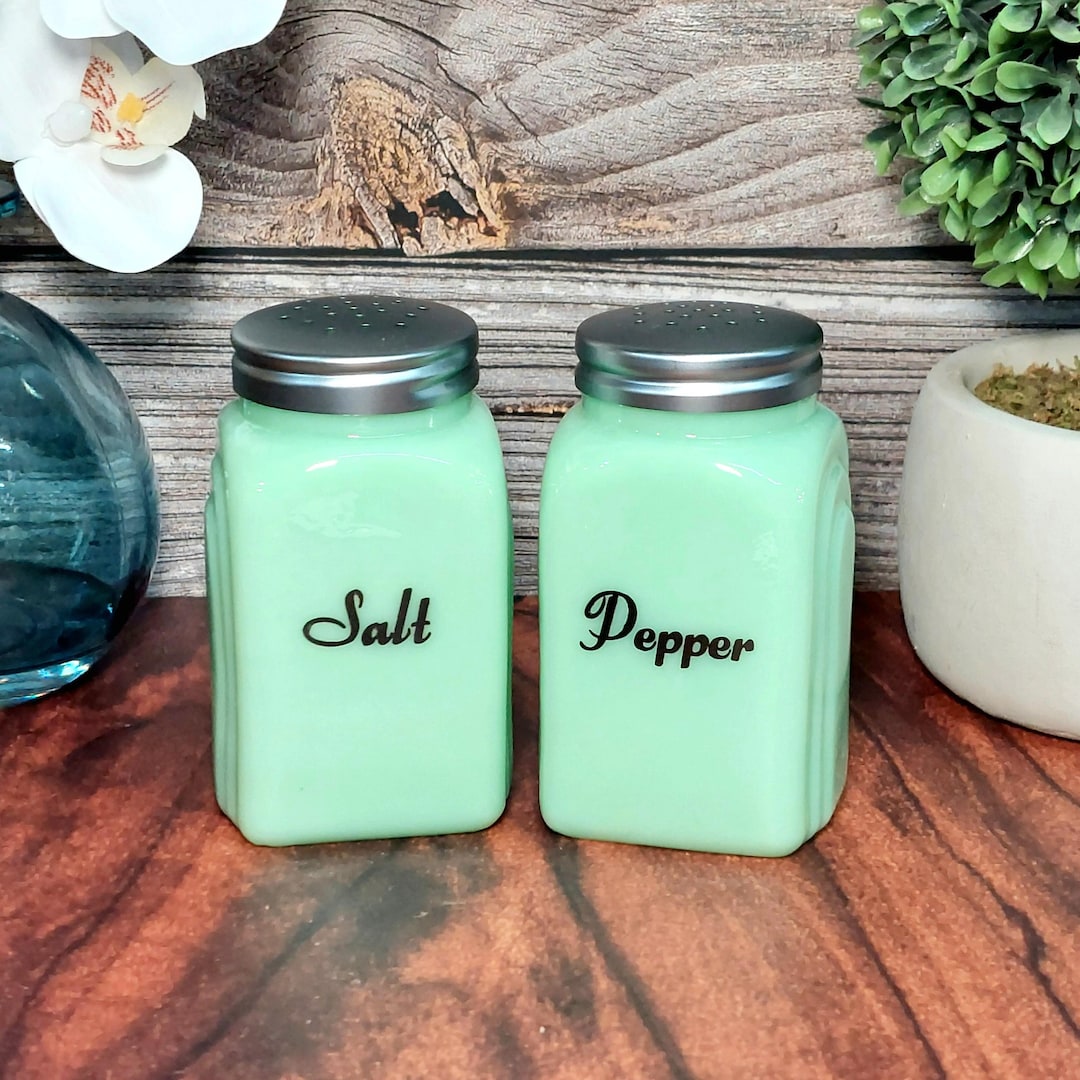 Salero y pimentero de cristal de jadeíta verde, estilo de la Depresión,  vintage, rústico, de cristal leche, decoración de cocina retro, tarro 