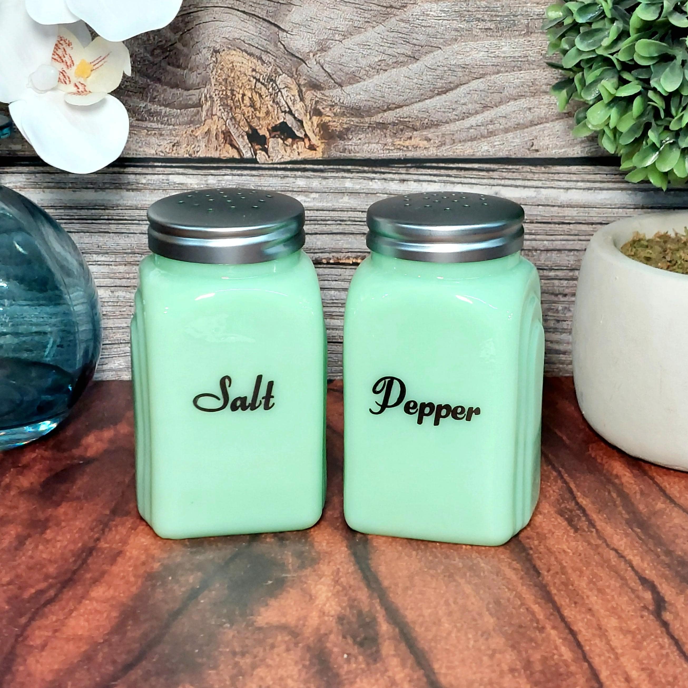 Green Jadeite Glass Salt & Pepper Shakers, Depression Style