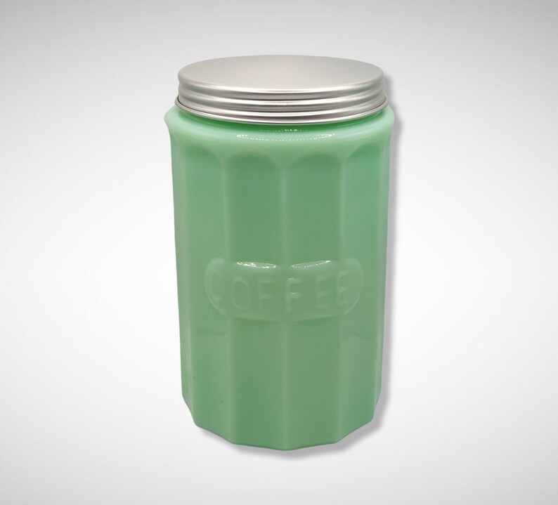Large Jadeite Glass Coffee Jar Canister With Lid Depression Etsy