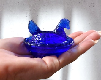 Cobalt Blue Glass Hen on Nest Chicken Salt Cellar Dip Dish - Vintage Style Farmhouse Decor, Depression Style Glass, Covered, Bowl with Lid