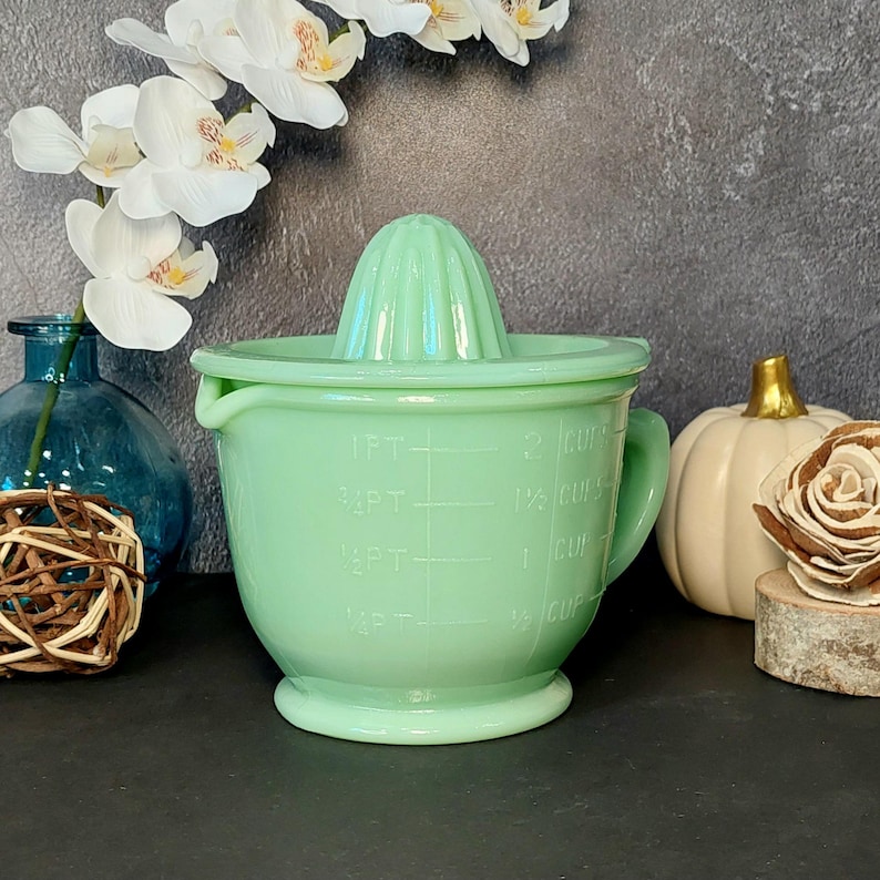 Jadeite Juicer Reamer & 2 Cup Measuring Cup, Huge 2 PC, Depression Style, Vintage Style Kitchen, Farmhouse, Milk Glass, Cooking, Mixing Bowl image 2