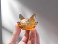 Vintage Pink Amber Depression Style Glass Hen on Nest Chicken Salt Cellar Dish - Farmhouse Decor, Covered Dish, Bowl with Lid, Rooster, Farm