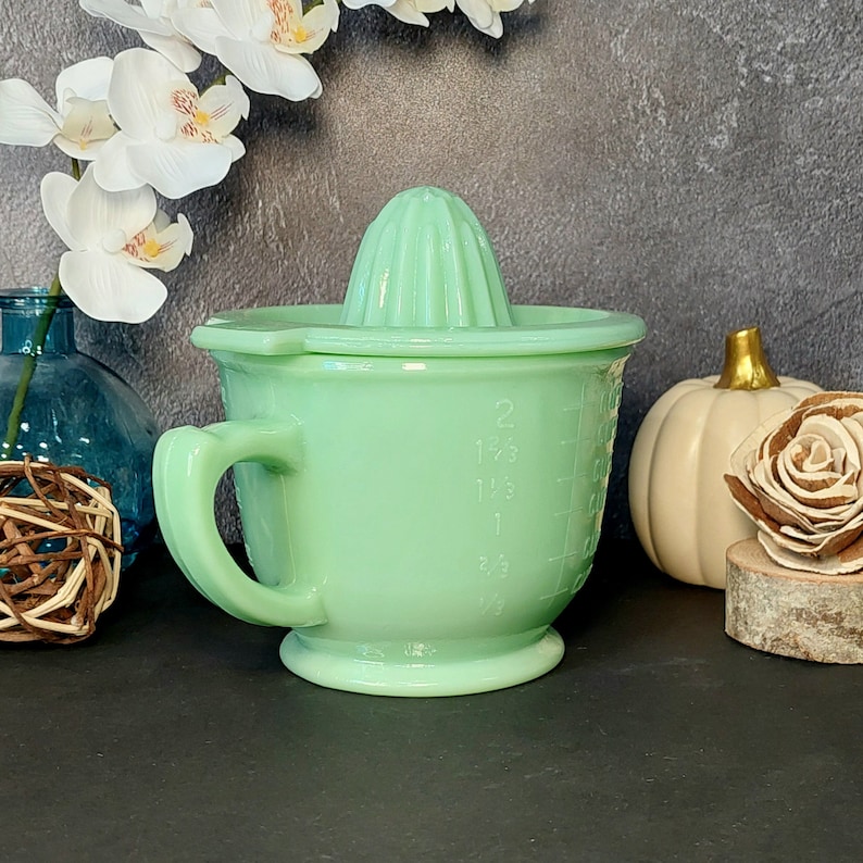 Jadeite Juicer Reamer & 2 Cup Measuring Cup, Huge 2 PC, Depression Style, Vintage Style Kitchen, Farmhouse, Milk Glass, Cooking, Mixing Bowl image 4