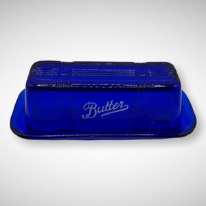 Cobalt Blue Depression Style Glass Covered Butter Dish Vintage, Farmhouse, Butter Keeper, Retro Home Decor, Kitchenware, Refrigerator Dish image 3